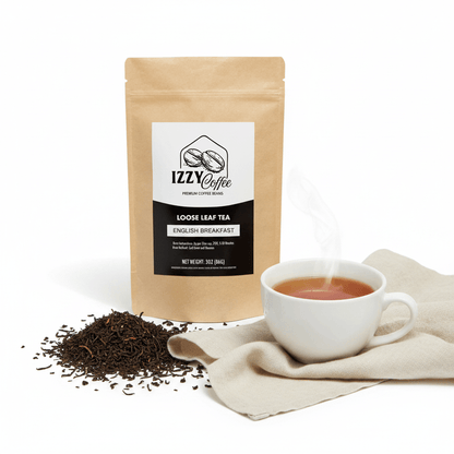 Classic English Breakfast Tea Izzy Coffee premium loose leaf tea lifestyle image for brewing and gifting