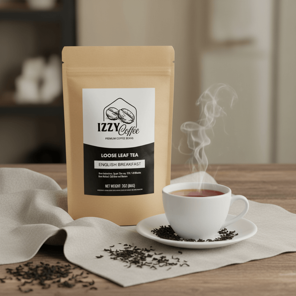 Classic English Breakfast Tea Izzy Coffee premium loose leaf tea lifestyle image for brewing and gifting