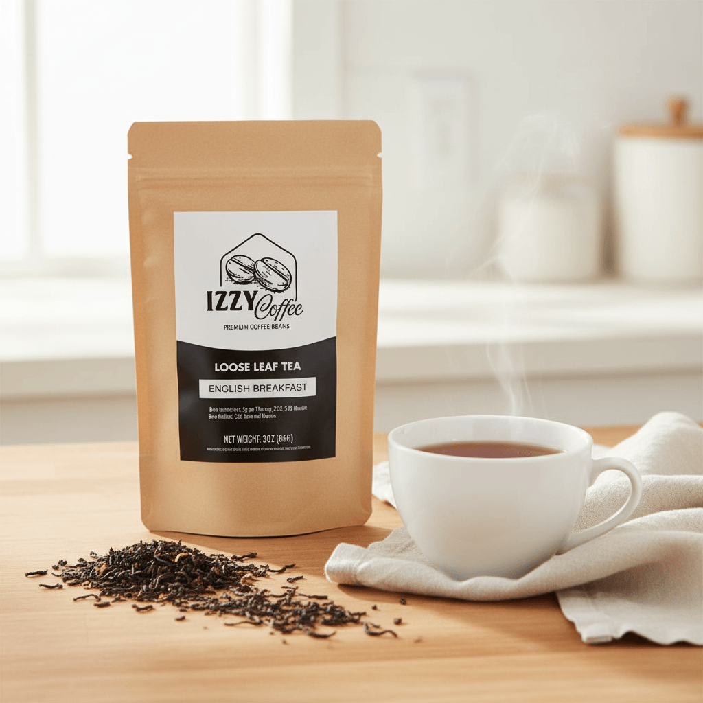 Classic English Breakfast Tea Izzy Coffee premium loose leaf tea lifestyle image for brewing and gifting