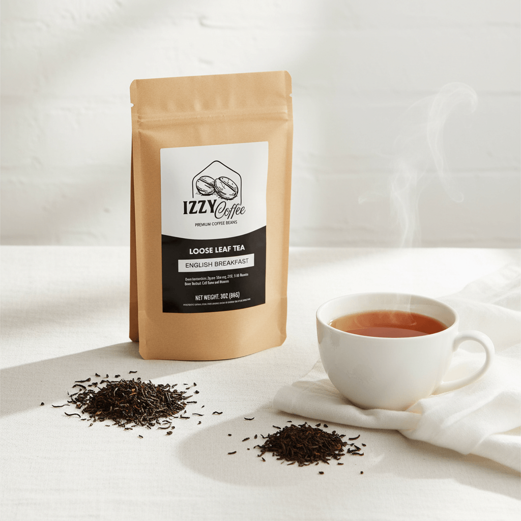 Classic English Breakfast Tea Izzy Coffee premium loose leaf tea lifestyle image for brewing and gifting