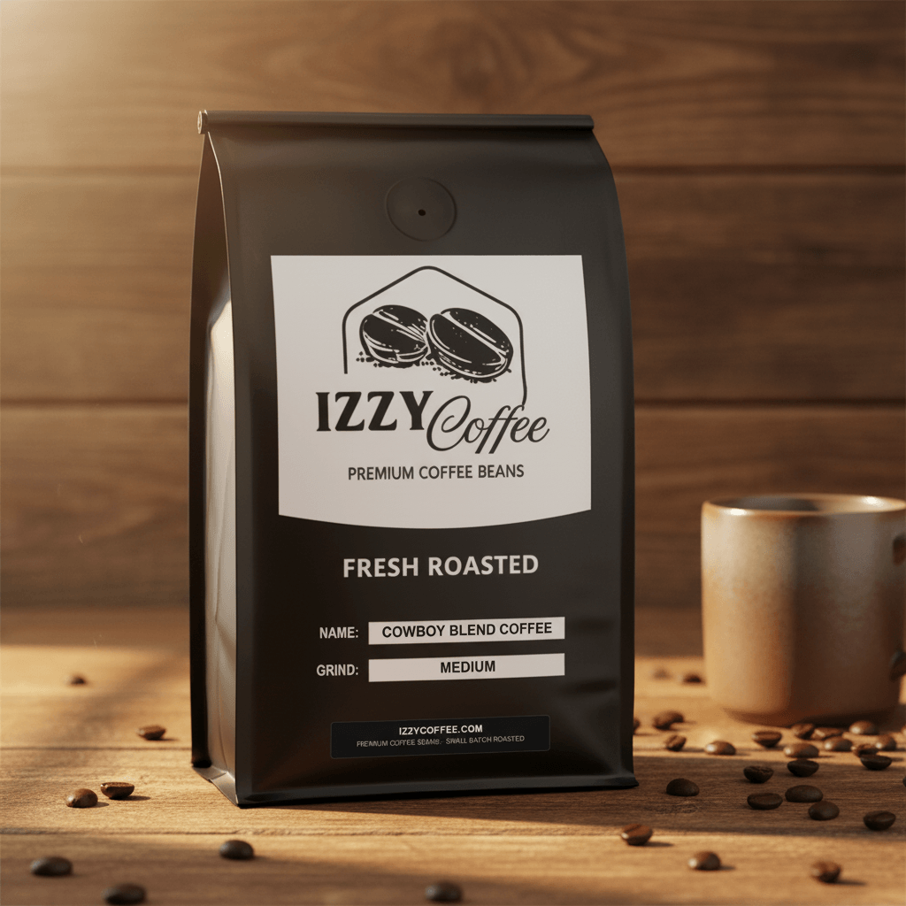 Cowboy Blend Coffee Izzy Coffee fresh roasted coffee lifestyle image for brewing and gifting