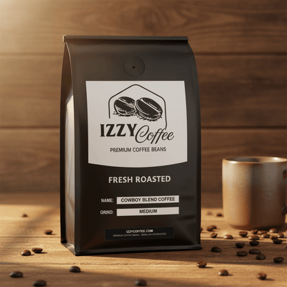 Cowboy Blend Coffee Izzy Coffee fresh roasted coffee lifestyle image for brewing and gifting