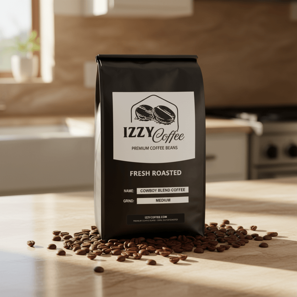 Cowboy Blend Coffee Izzy Coffee fresh roasted coffee lifestyle image for brewing and gifting