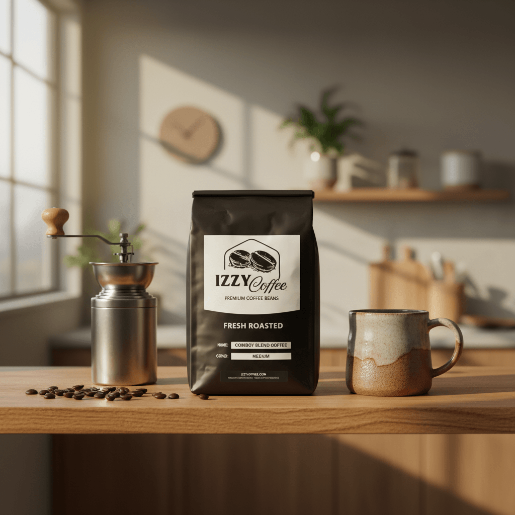 Cowboy Blend Coffee Izzy Coffee fresh roasted coffee lifestyle image for brewing and gifting