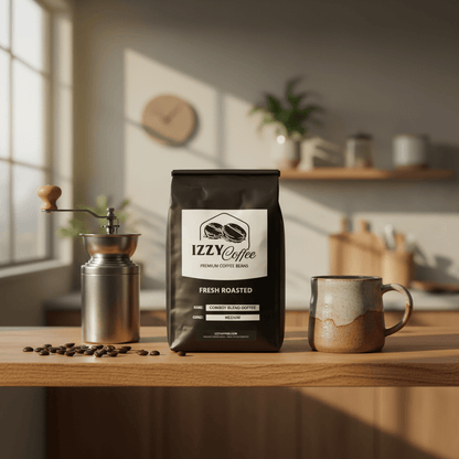 Cowboy Blend Coffee Izzy Coffee fresh roasted coffee lifestyle image for brewing and gifting