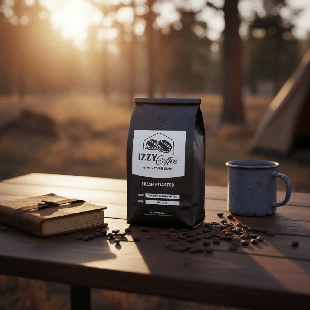 Cowboy Blend Coffee Izzy Coffee fresh roasted coffee lifestyle image for brewing and gifting