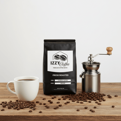 Ethiopia Coffee Izzy Coffee fresh roasted coffee lifestyle image for brewing and gifting
