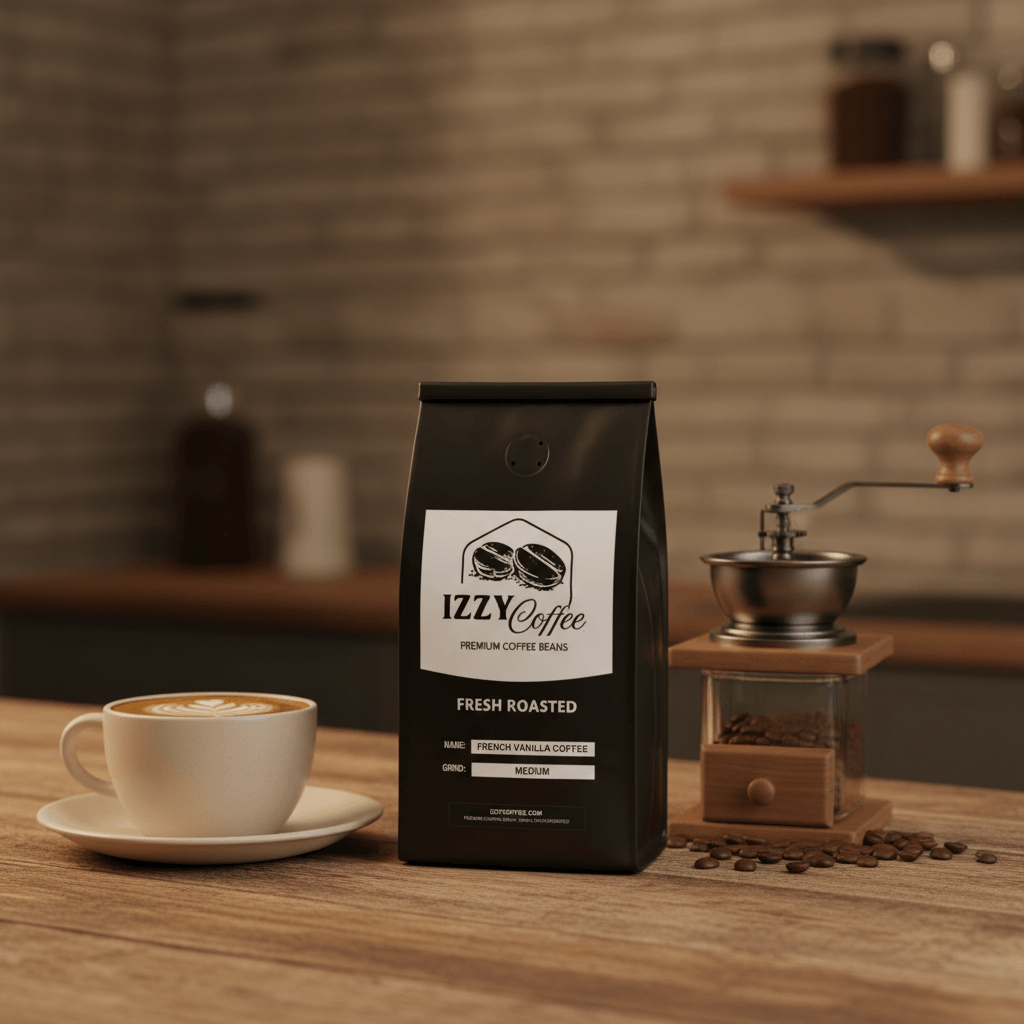 French Vanilla Coffee Izzy Coffee fresh roasted coffee lifestyle image for brewing and gifting
