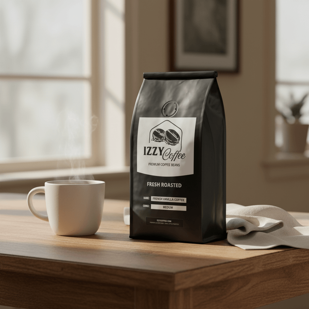 French Vanilla Coffee Izzy Coffee fresh roasted coffee lifestyle image for brewing and gifting