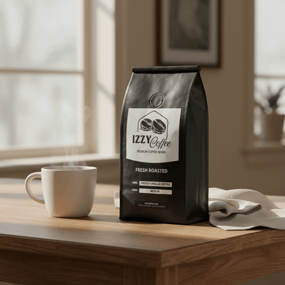 French Vanilla Coffee Izzy Coffee fresh roasted coffee lifestyle image for brewing and gifting