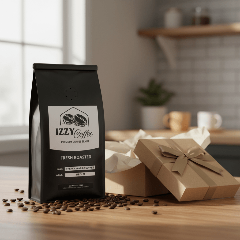 French Vanilla Coffee Izzy Coffee fresh roasted coffee lifestyle image for brewing and gifting
