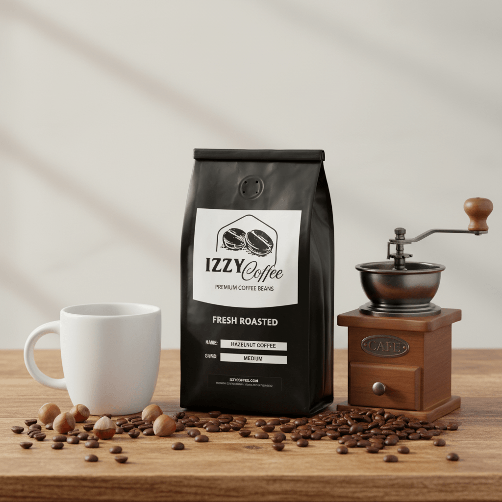 Hazelnut Coffee Izzy Coffee fresh roasted coffee lifestyle image for brewing and gifting
