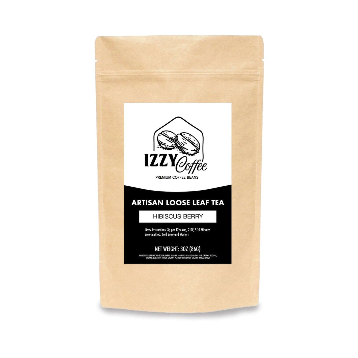 Hibiscus Berry Herbal Tea Izzy Coffee product packaging with clear label for online shopping