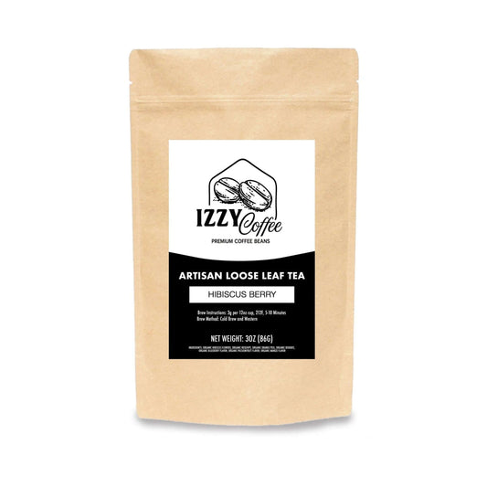 Hibiscus Berry Herbal Tea Izzy Coffee product packaging with clear label for online shopping