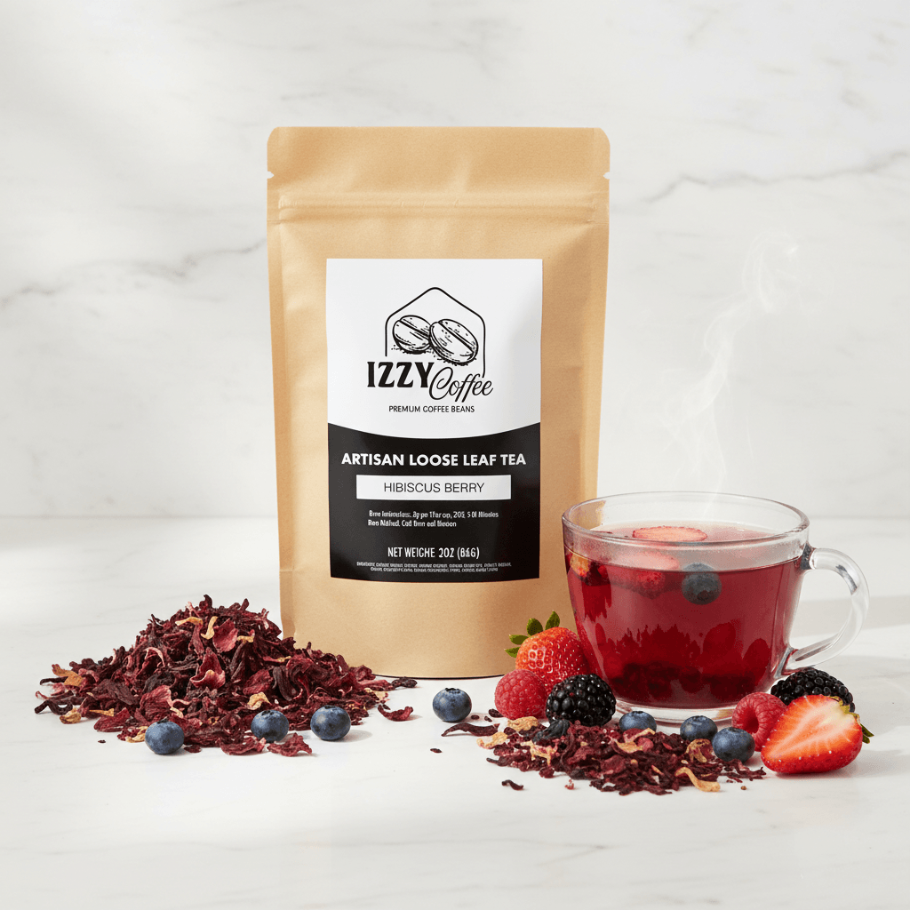Hibiscus Berry Herbal Tea Izzy Coffee premium loose leaf tea lifestyle image for brewing and gifting