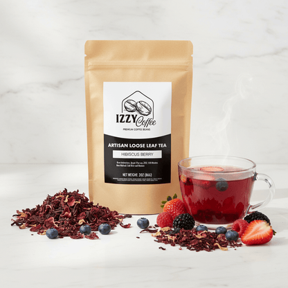 Hibiscus Berry Herbal Tea Izzy Coffee premium loose leaf tea lifestyle image for brewing and gifting