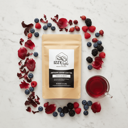Hibiscus Berry Herbal Tea Izzy Coffee premium loose leaf tea lifestyle image for brewing and gifting