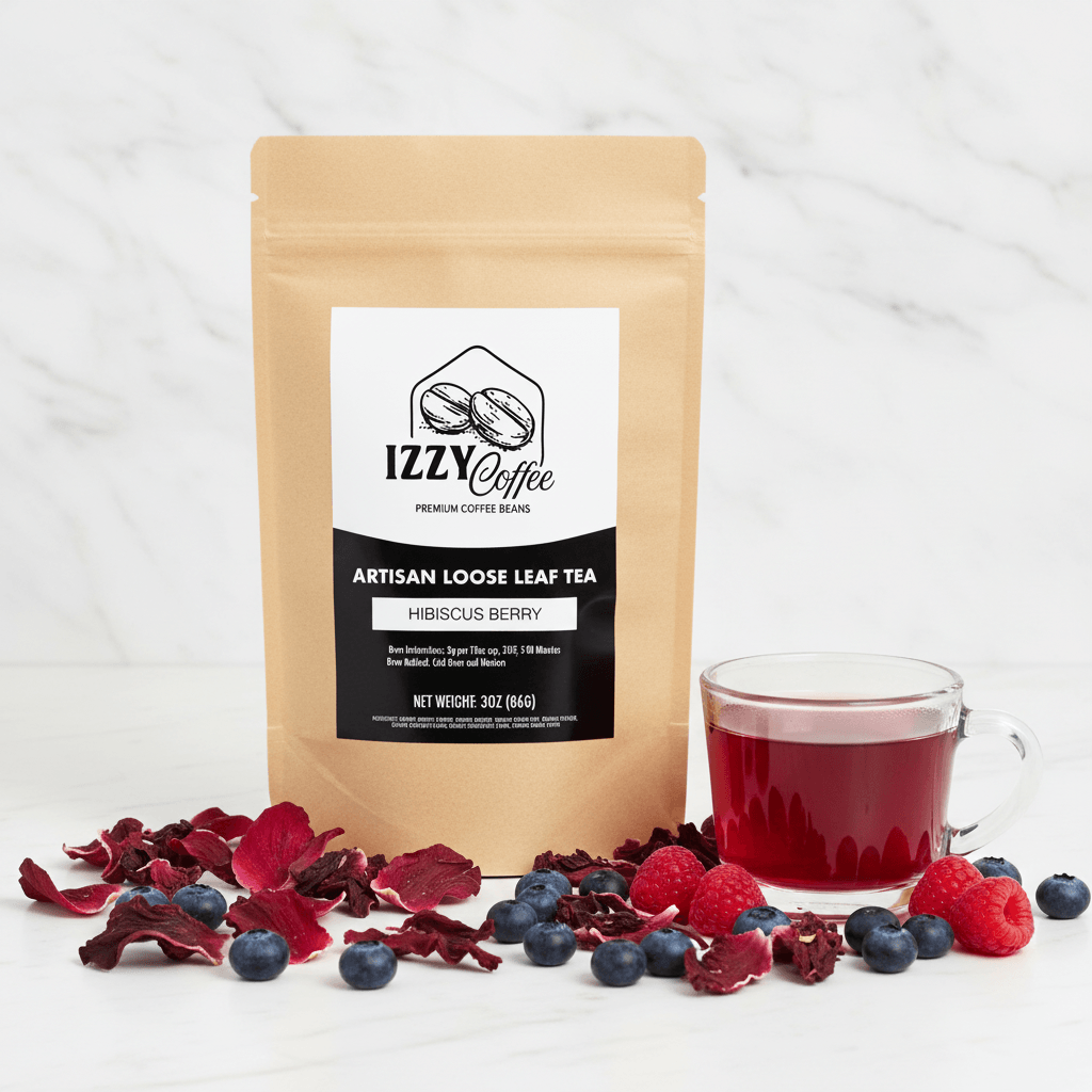 Hibiscus Berry Herbal Tea Izzy Coffee premium loose leaf tea lifestyle image for brewing and gifting