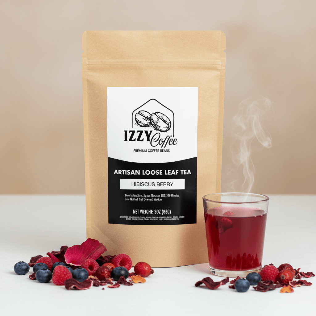 Hibiscus Berry Herbal Tea Izzy Coffee premium loose leaf tea lifestyle image for brewing and gifting