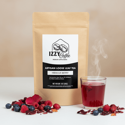 Hibiscus Berry Herbal Tea Izzy Coffee premium loose leaf tea lifestyle image for brewing and gifting