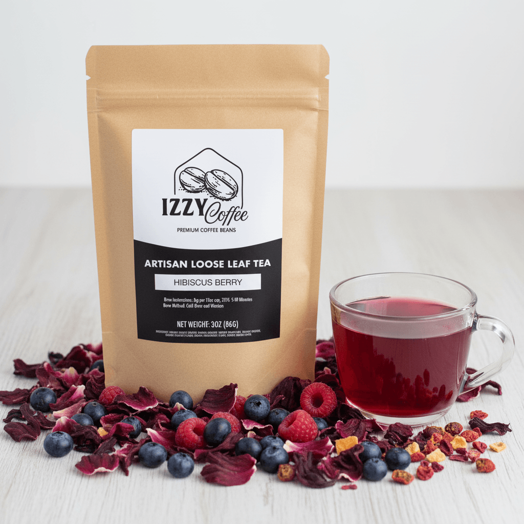Hibiscus Berry Herbal Tea Izzy Coffee premium loose leaf tea lifestyle image for brewing and gifting