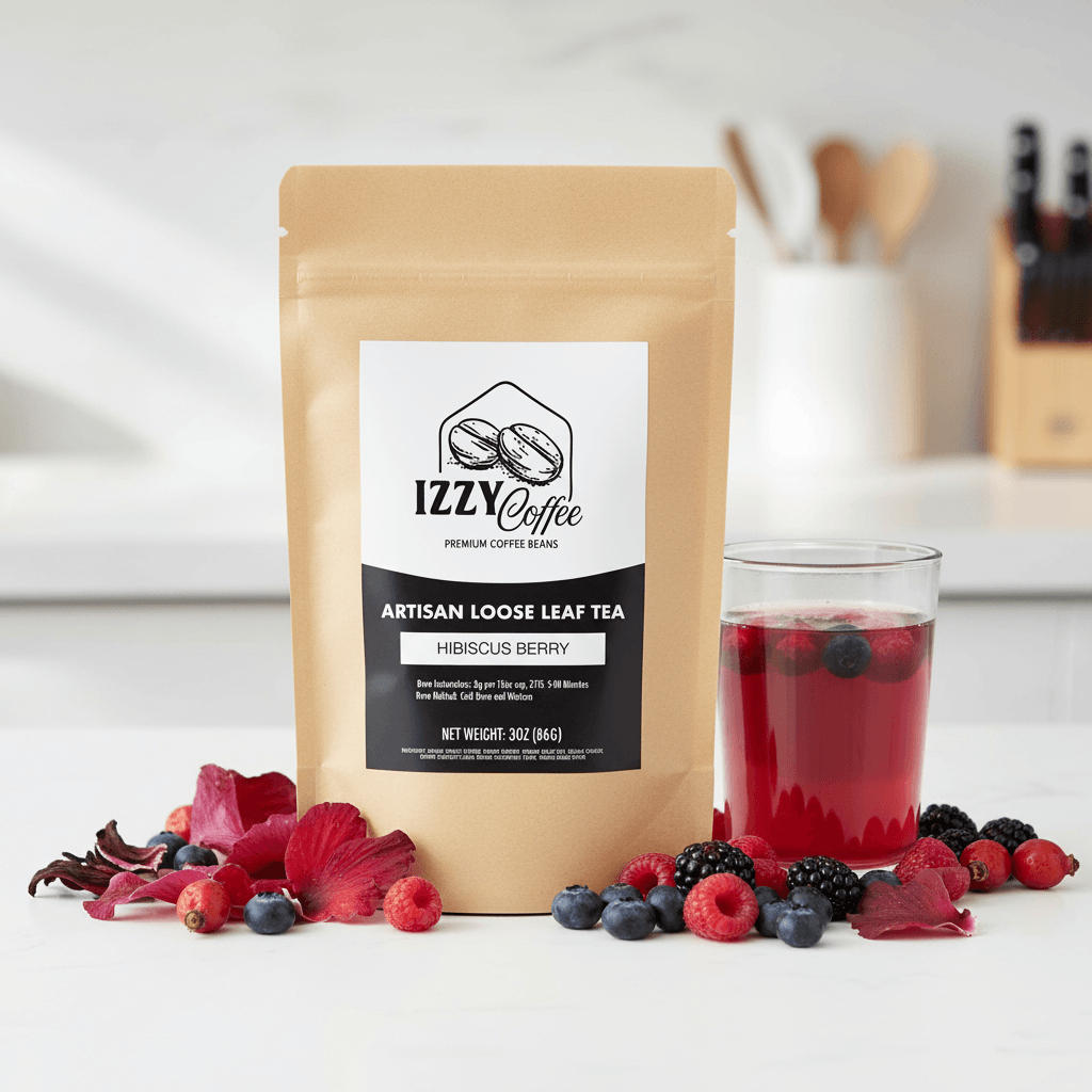 Hibiscus Berry Herbal Tea Izzy Coffee premium loose leaf tea lifestyle image for brewing and gifting