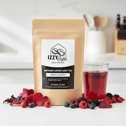 Hibiscus Berry Herbal Tea Izzy Coffee premium loose leaf tea lifestyle image for brewing and gifting