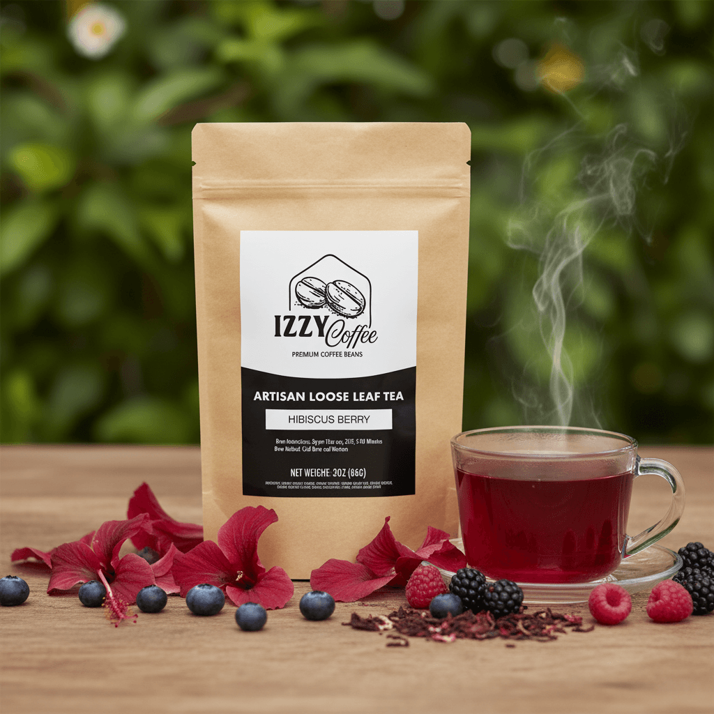 Hibiscus Berry Herbal Tea Izzy Coffee premium loose leaf tea lifestyle image for brewing and gifting