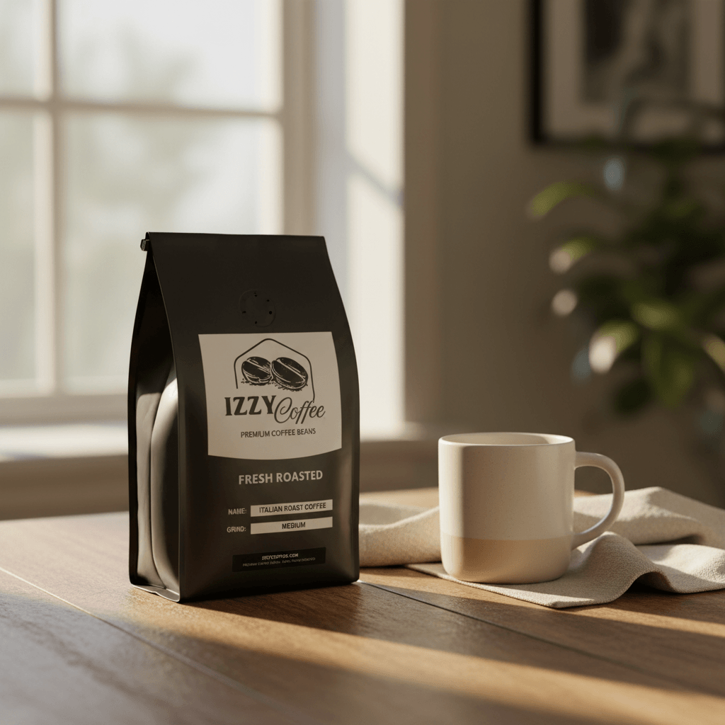 Italian Roast Coffee Izzy Coffee fresh roasted coffee lifestyle image for brewing and gifting