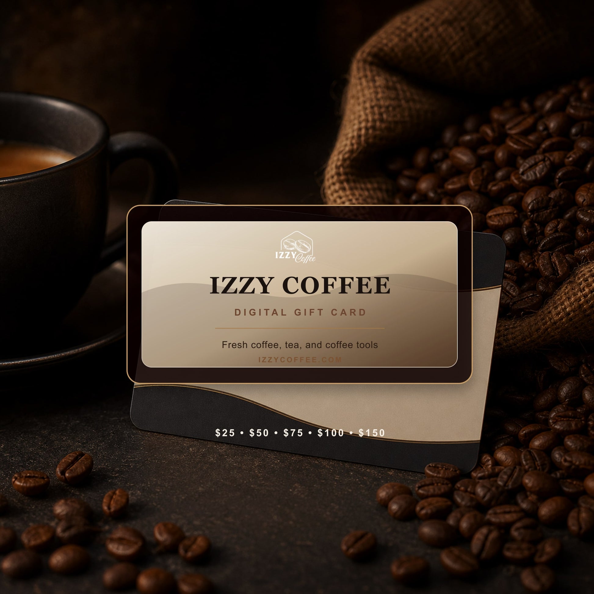 Izzy Coffee digital gift card for fresh coffee beans, tea, and coffee tools