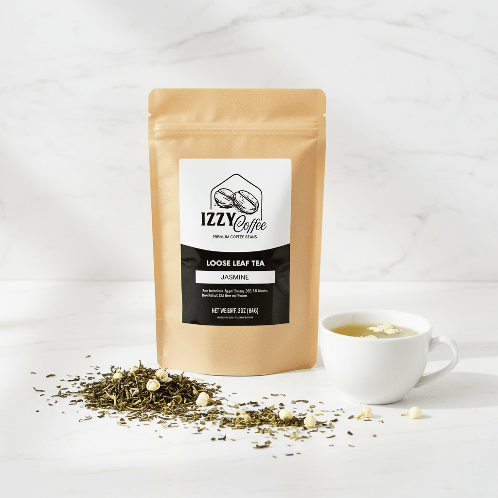 Jasmine Green Tea Izzy Coffee premium loose leaf tea lifestyle image for brewing and gifting