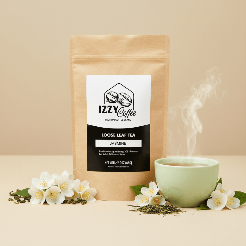Jasmine Green Tea Izzy Coffee premium loose leaf tea lifestyle image for brewing and gifting