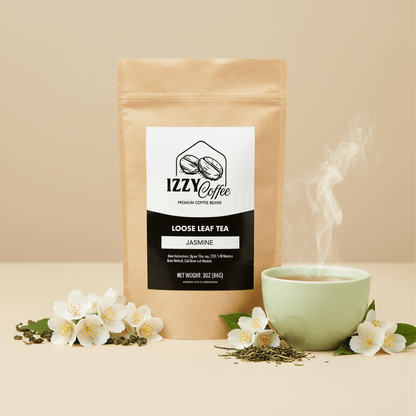 Jasmine Green Tea Izzy Coffee premium loose leaf tea lifestyle image for brewing and gifting