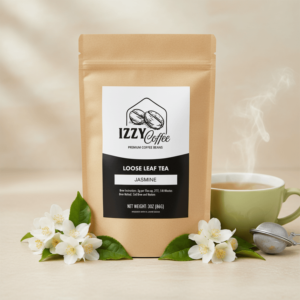 Jasmine Green Tea Izzy Coffee premium loose leaf tea lifestyle image for brewing and gifting