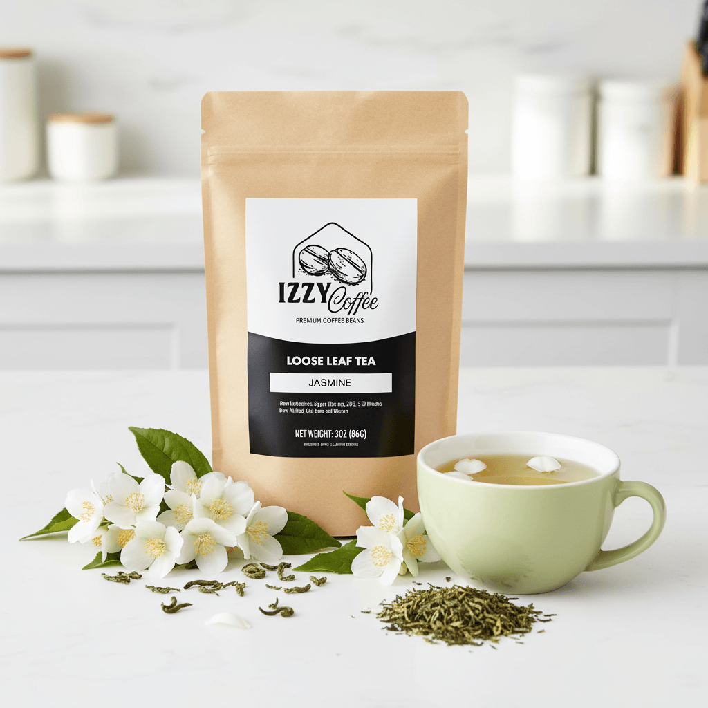 Jasmine Green Tea Izzy Coffee premium loose leaf tea lifestyle image for brewing and gifting
