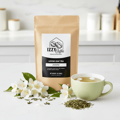 Jasmine Green Tea Izzy Coffee premium loose leaf tea lifestyle image for brewing and gifting