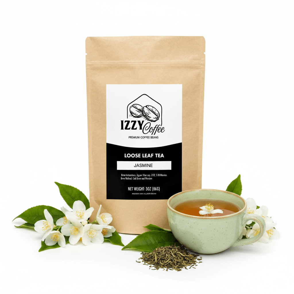Jasmine Green Tea Izzy Coffee premium loose leaf tea lifestyle image for brewing and gifting