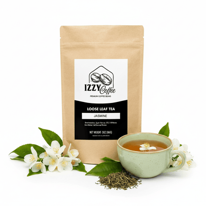 Jasmine Green Tea Izzy Coffee premium loose leaf tea lifestyle image for brewing and gifting