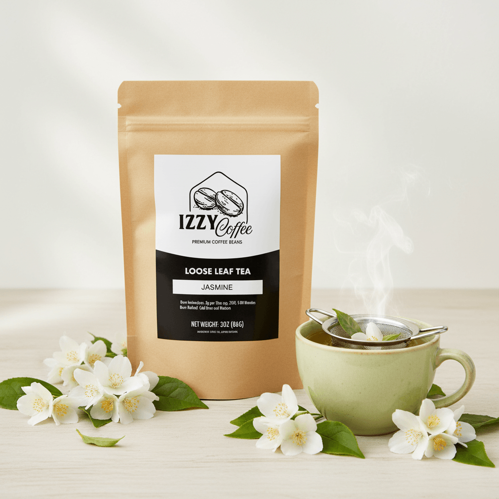 Jasmine Green Tea Izzy Coffee premium loose leaf tea lifestyle image for brewing and gifting