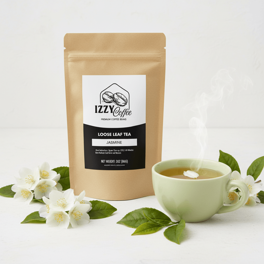 Jasmine Green Tea Izzy Coffee premium loose leaf tea lifestyle image for brewing and gifting