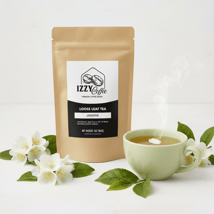 Jasmine Green Tea Izzy Coffee premium loose leaf tea lifestyle image for brewing and gifting