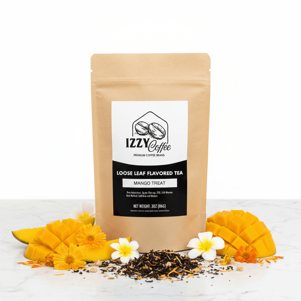Mango Herbal Tea Izzy Coffee premium loose leaf tea lifestyle image for brewing and gifting