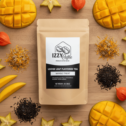 Mango Herbal Tea Izzy Coffee premium loose leaf tea lifestyle image for brewing and gifting