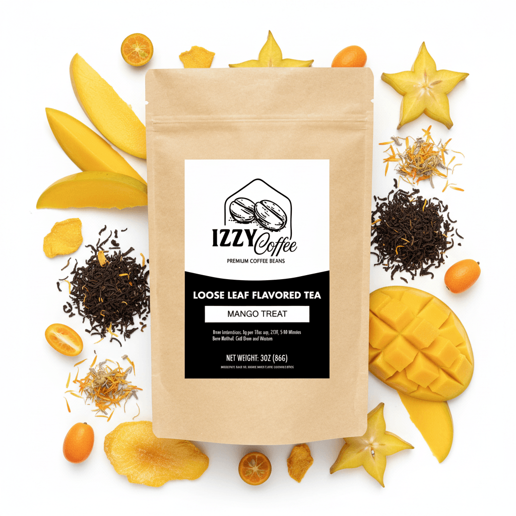 Mango Herbal Tea Izzy Coffee premium loose leaf tea lifestyle image for brewing and gifting