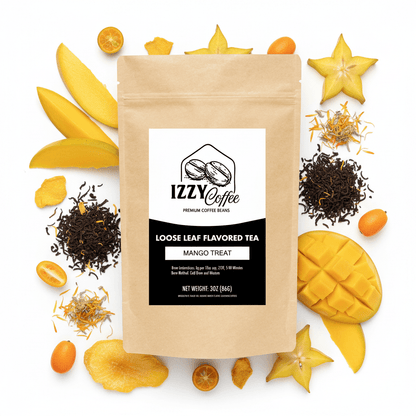 Mango Herbal Tea Izzy Coffee premium loose leaf tea lifestyle image for brewing and gifting