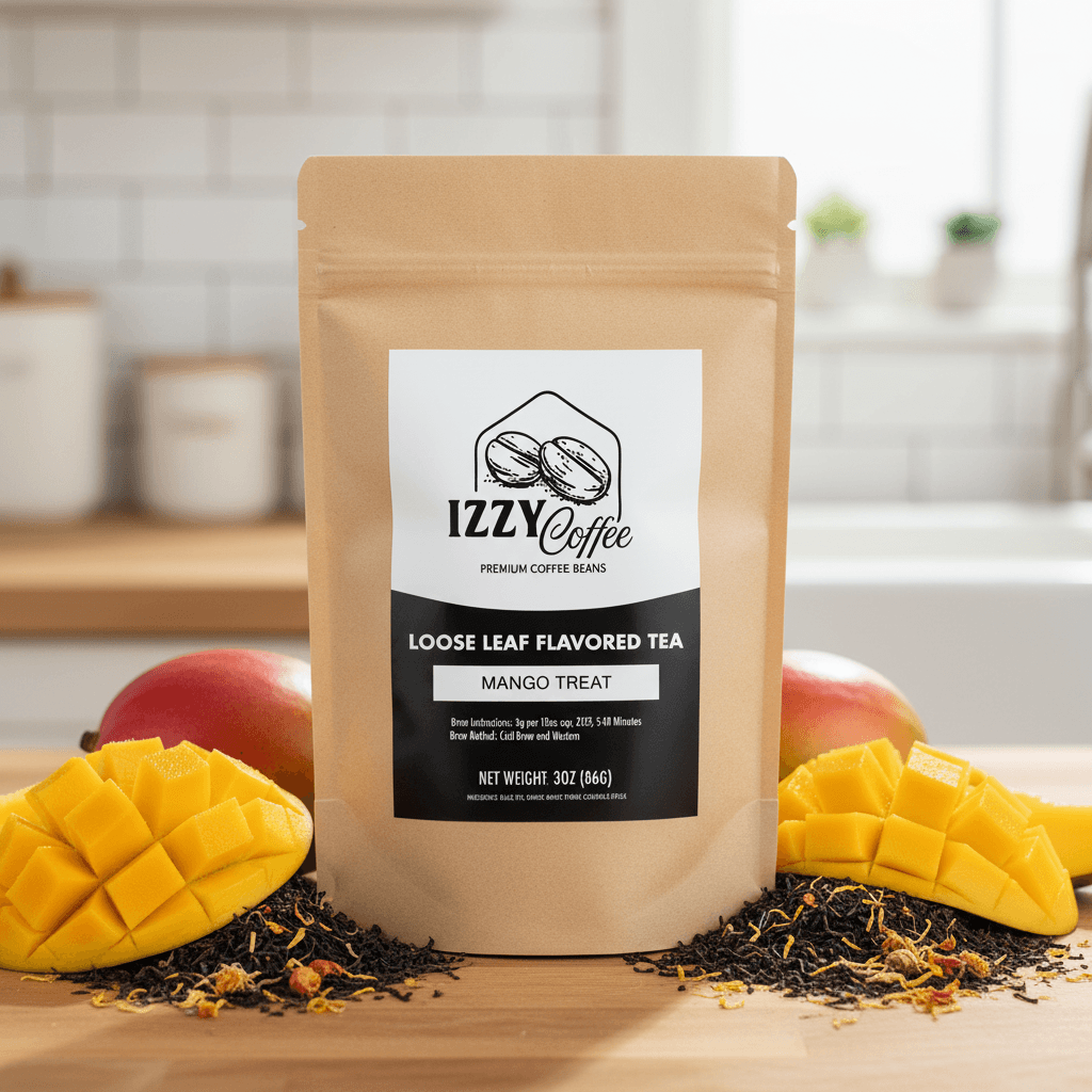 Mango Herbal Tea Izzy Coffee premium loose leaf tea lifestyle image for brewing and gifting