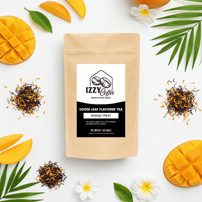 Mango Herbal Tea Izzy Coffee premium loose leaf tea lifestyle image for brewing and gifting