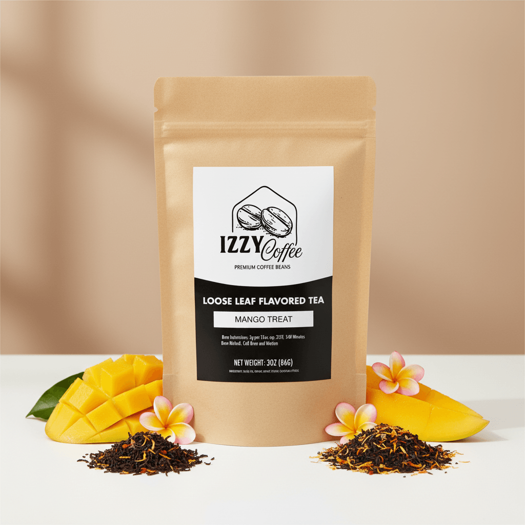 Mango Herbal Tea Izzy Coffee premium loose leaf tea lifestyle image for brewing and gifting
