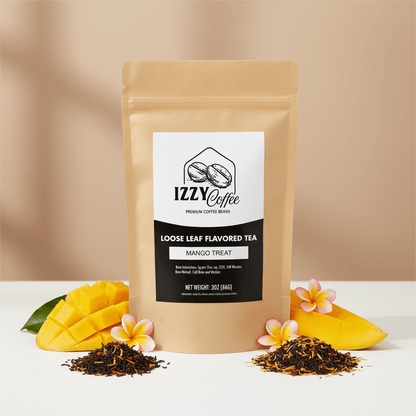 Mango Herbal Tea Izzy Coffee premium loose leaf tea lifestyle image for brewing and gifting