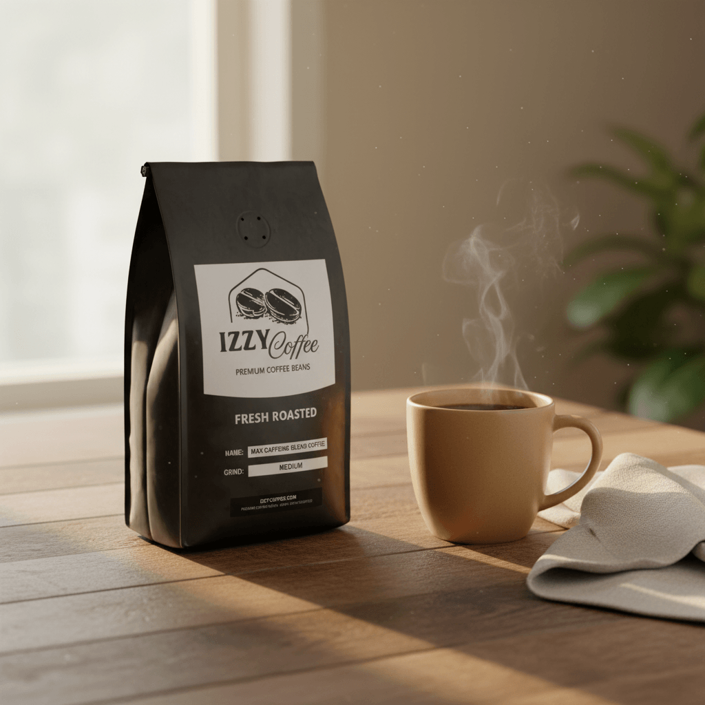 Max Caffeine Blend Coffee Izzy Coffee fresh roasted coffee lifestyle image for brewing and gifting